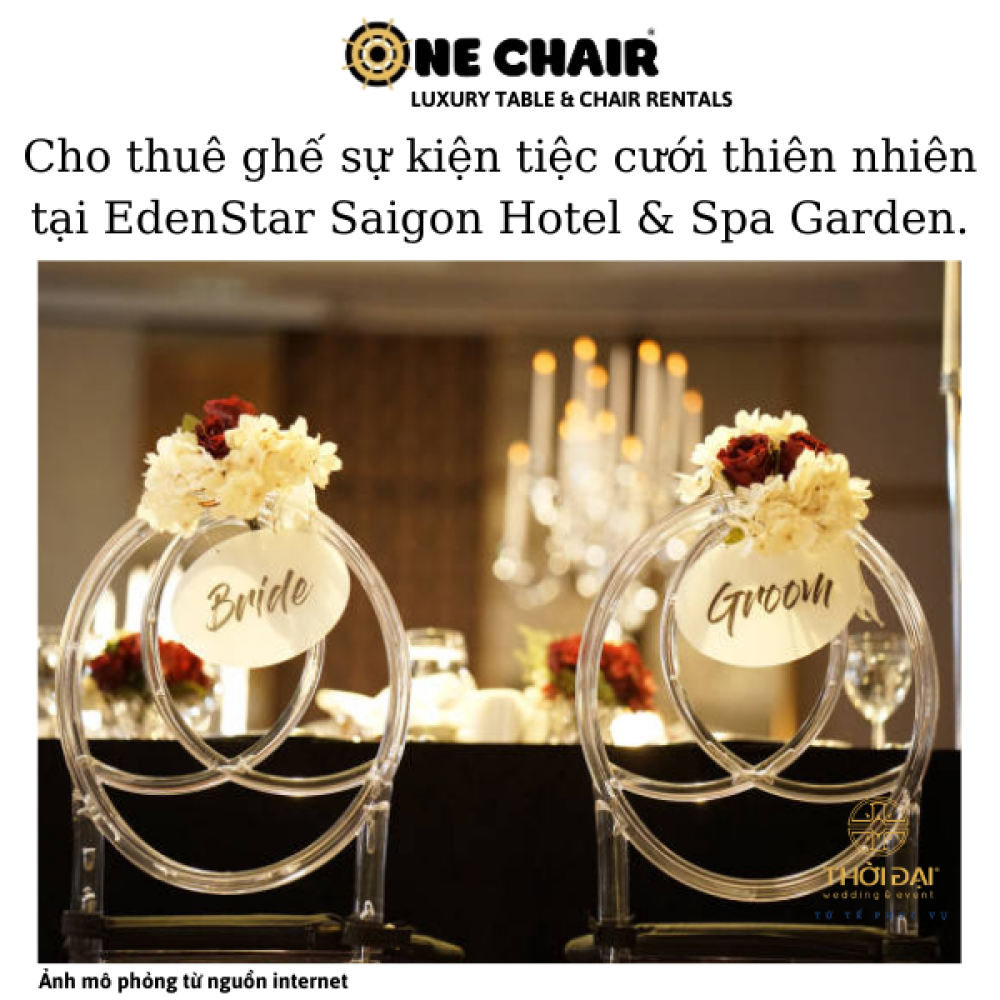 Cho thuê ghế sự kiện tiệc cưới thiên nhiên tại EdenStar Saigon Hotel & Spa Garden.
